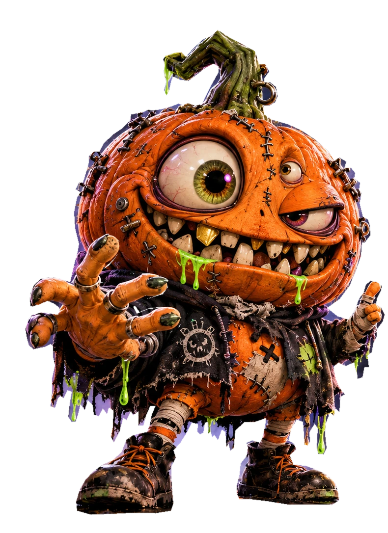Slopkin, the three-eyed stitched pumpkin in a patchwork cape